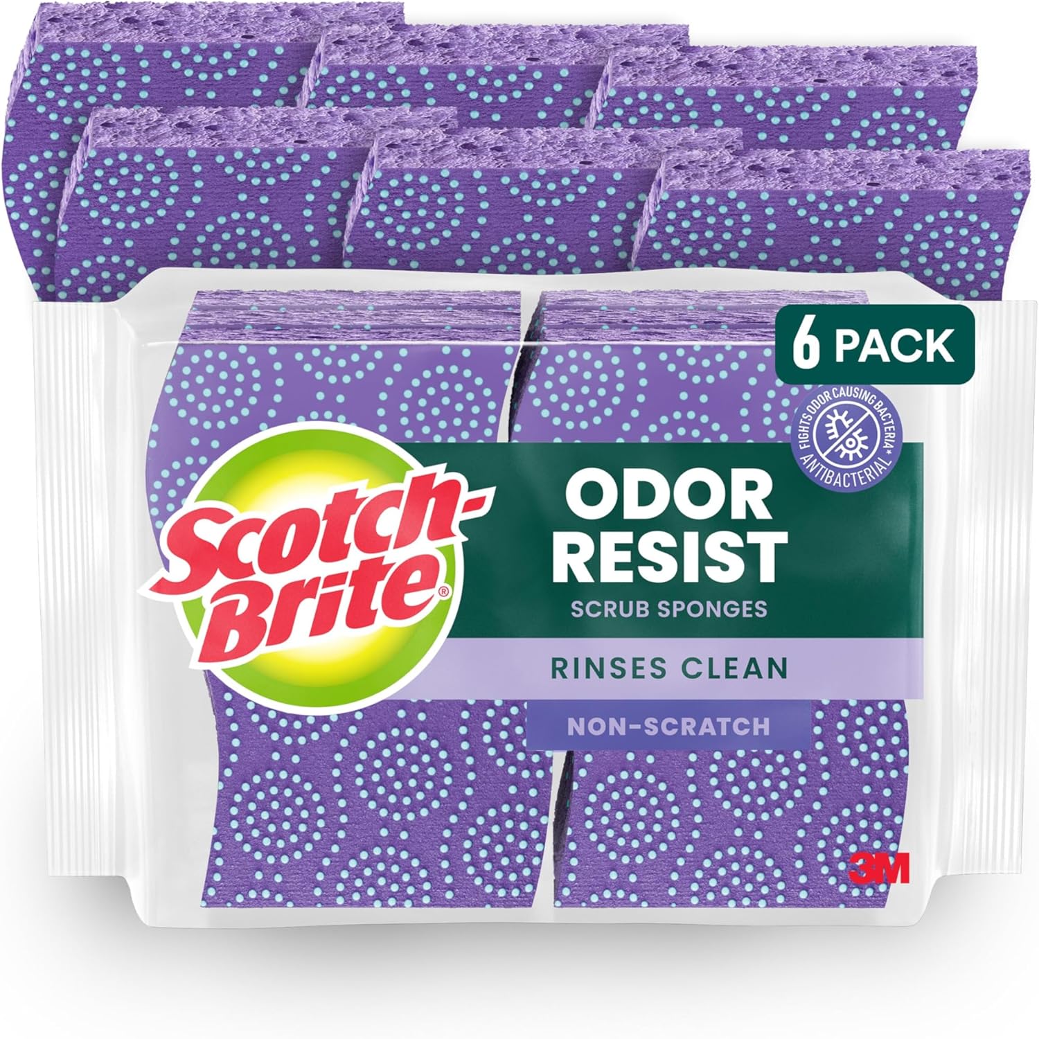 Scotch-Brite Odor Resist Non-Scratch Scrub Sponges 6 pack front view kitchen cleaning.