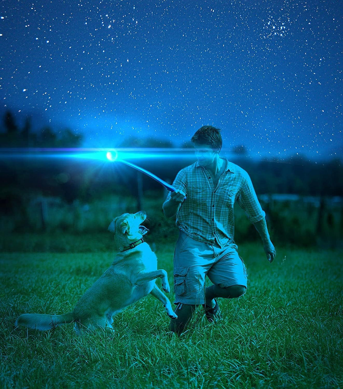 Chuckit Max Glow Ball paired with a compatible ball launcher