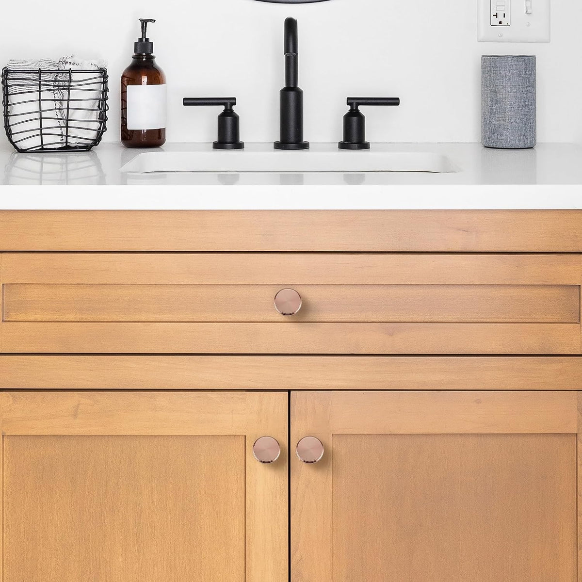 Round single hole dresser knob angled view