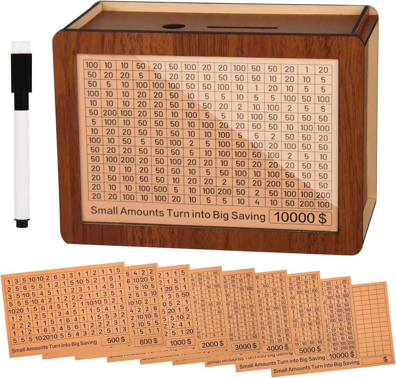 Zayeemi Kakeibo wooden money saving challenge box front view showing engraved numbers grid.