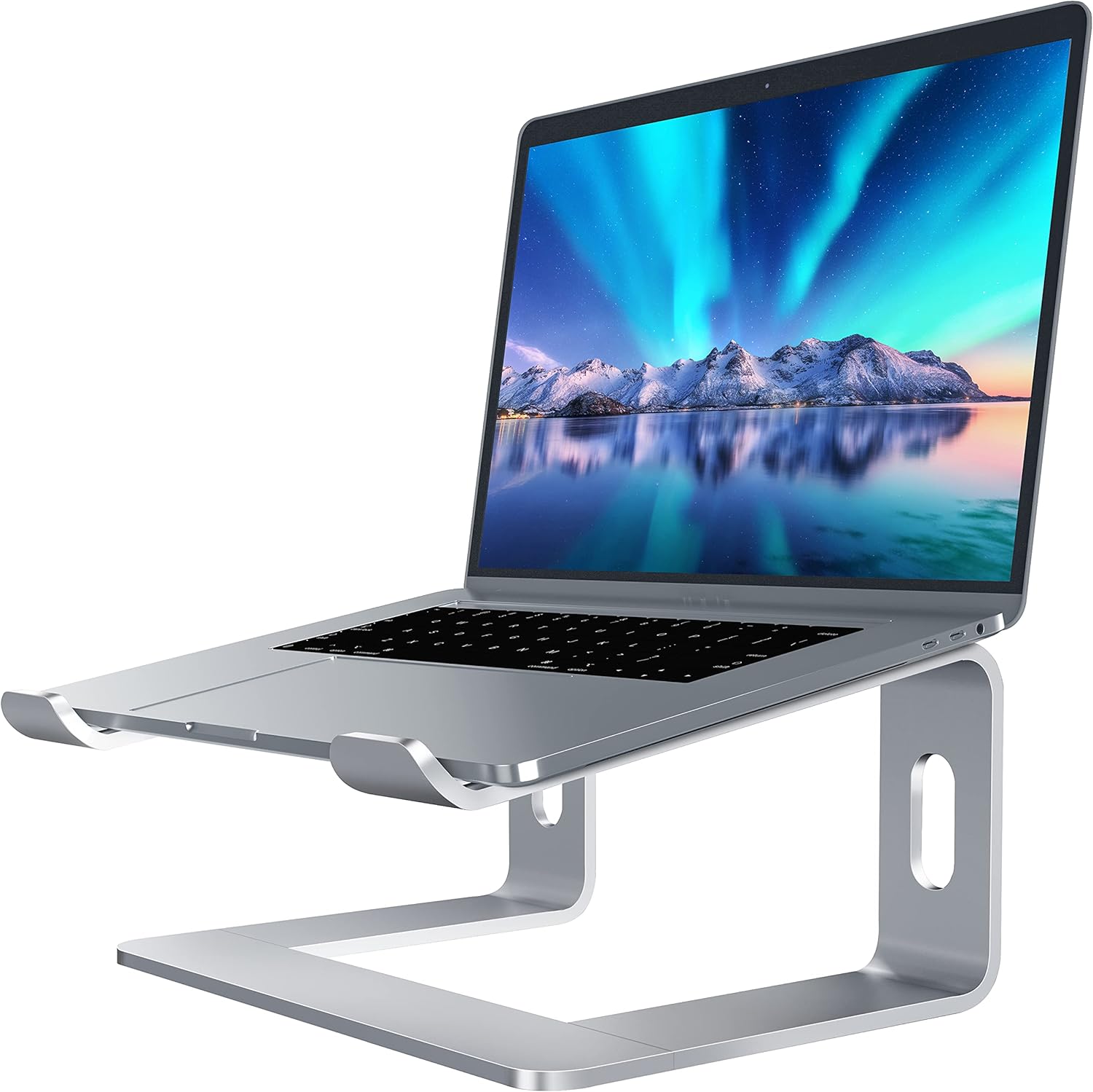 SOUNDANCE aluminum laptop stand front view in silver metallic finish.