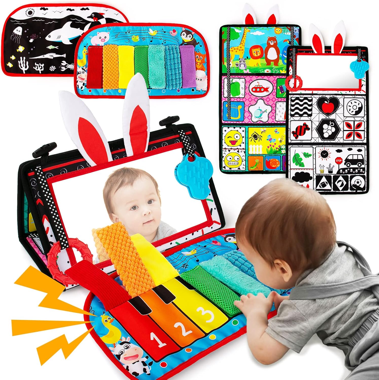 Inbeby Tummy Time Baby Mirror Toy front view showing high contrast black and white developmental patterns.