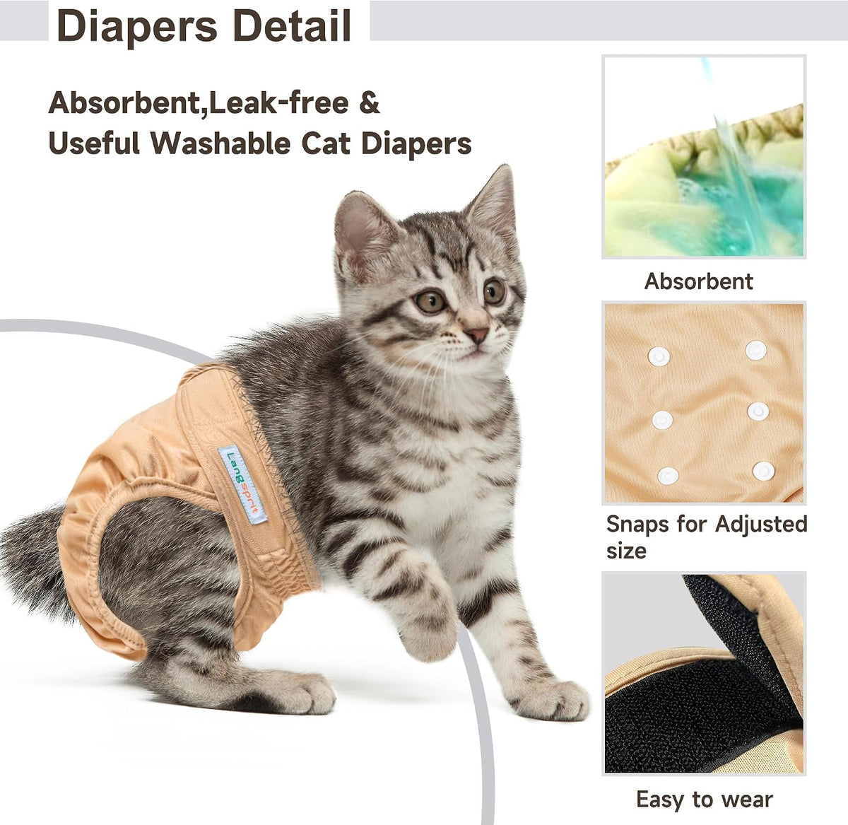 Langsprit washable cat diapers showing triple layer fabric