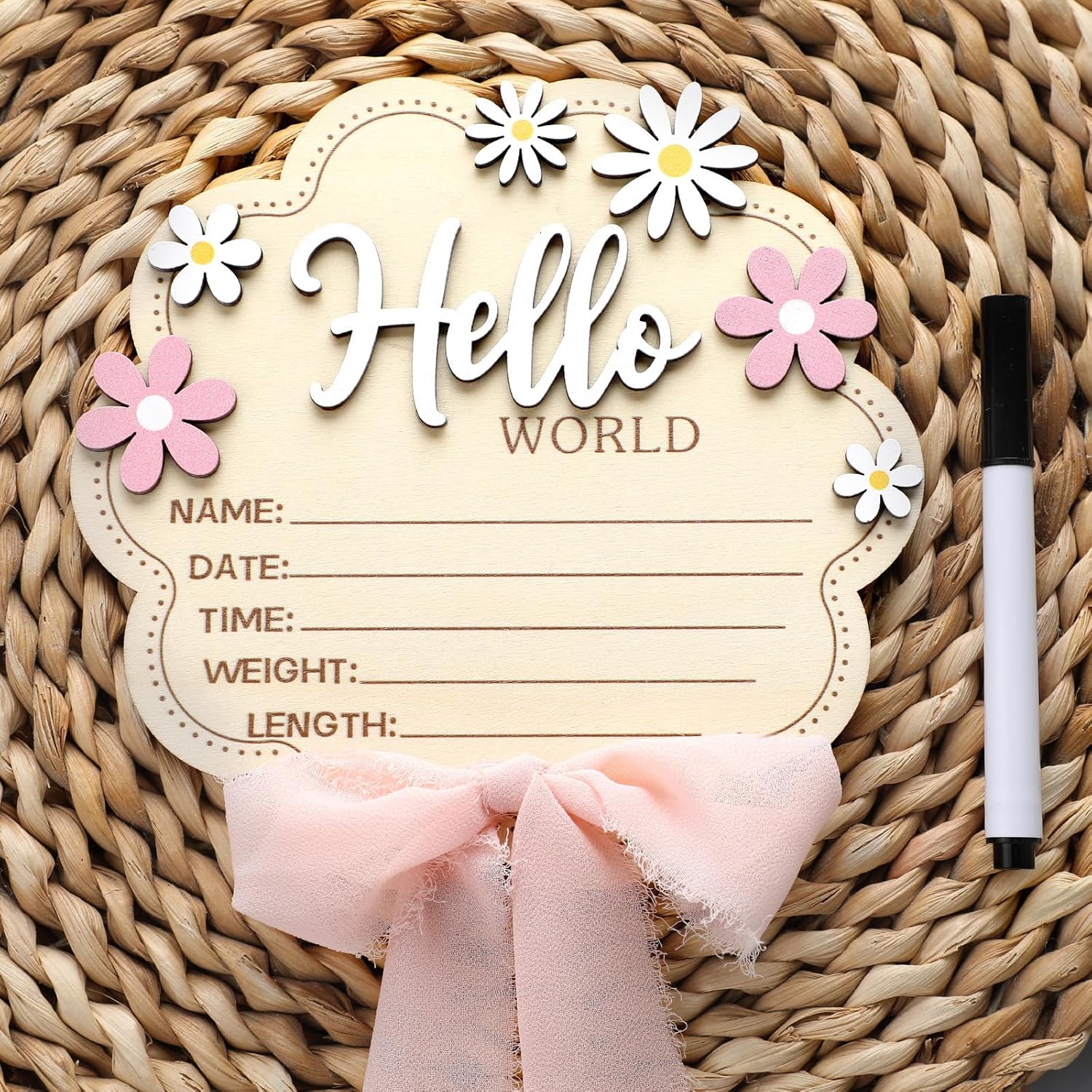 Amyhill pink bow baby birth announcement sign front view wooden hello world newborn photography prop