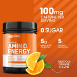 Optimum Nutrition Essential Amino Energy powder tub displaying the natural green tea and green coffee caffeine features.
