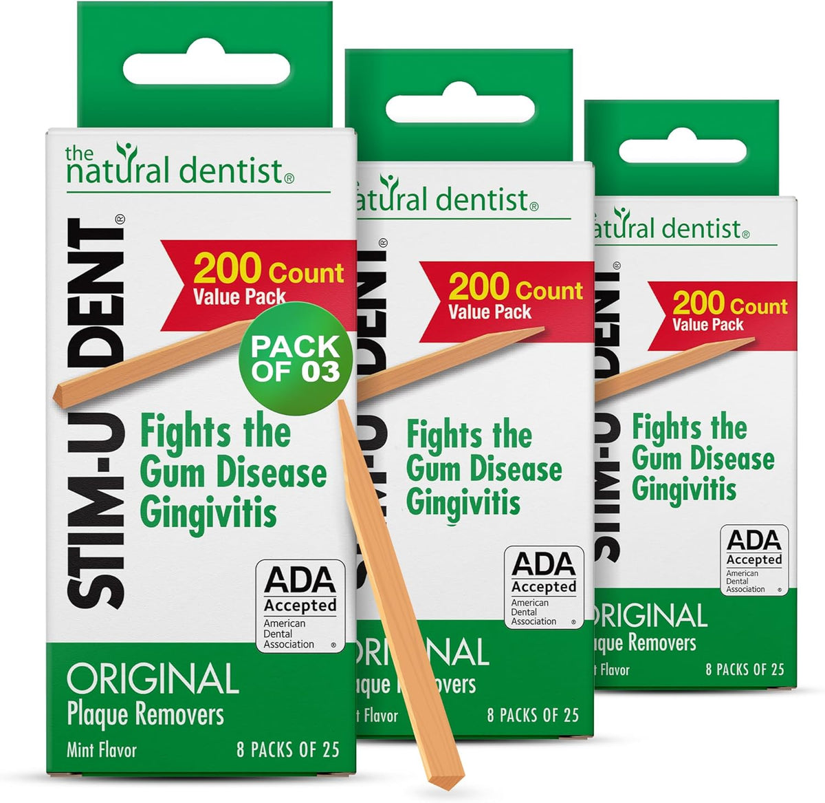 The Natural Dentist Stim-U-Dent Mint Dental Picks 24 pack bulk box front view for plaque removal.