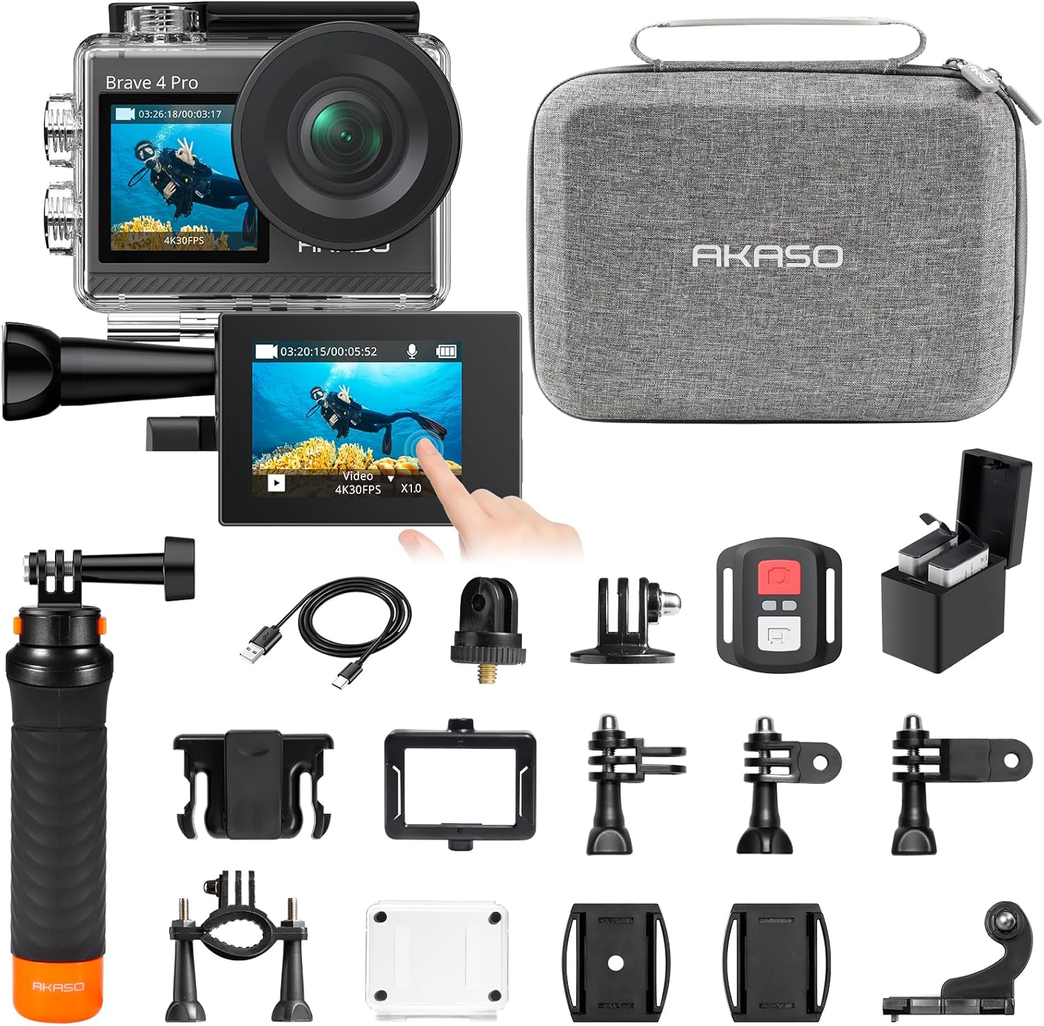 AKASO Brave 4 Pro action camera front view showcasing the dual color selfie display screen