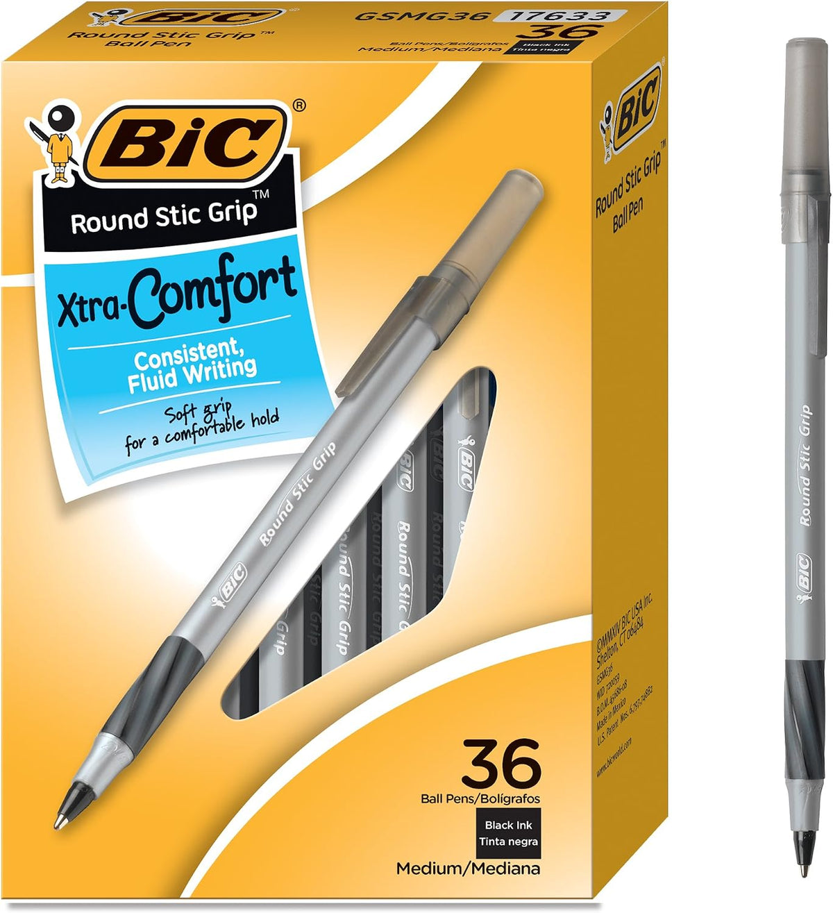BIC Round Stic Grip Xtra Comfort Black Ballpoint Pens, 36-Count Pack | Medium Point (1.2mm) Tip Size | Soft Grip Design for Enhanced Comfort | Ideal for Office, School, Or Home Use - Image 9