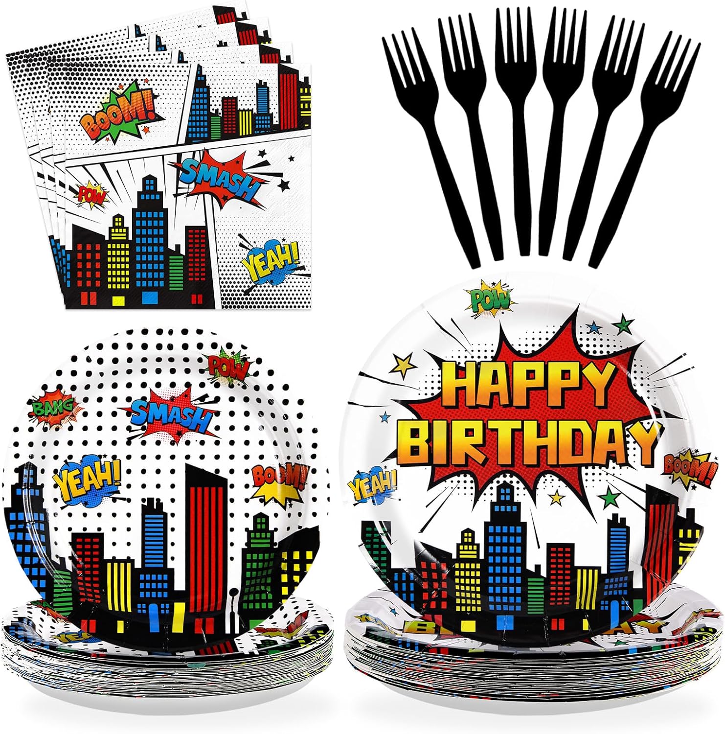 Ailimy Grencian 96-piece superhero party tableware set front view