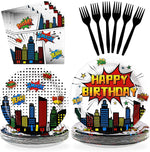 Ailimy Grencian 96-piece superhero party tableware set front view