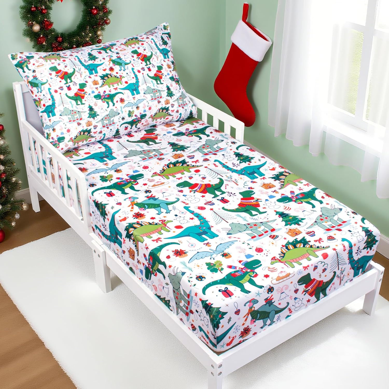 Jisen Christmas Dinosaur Toddler Bedding Set front view