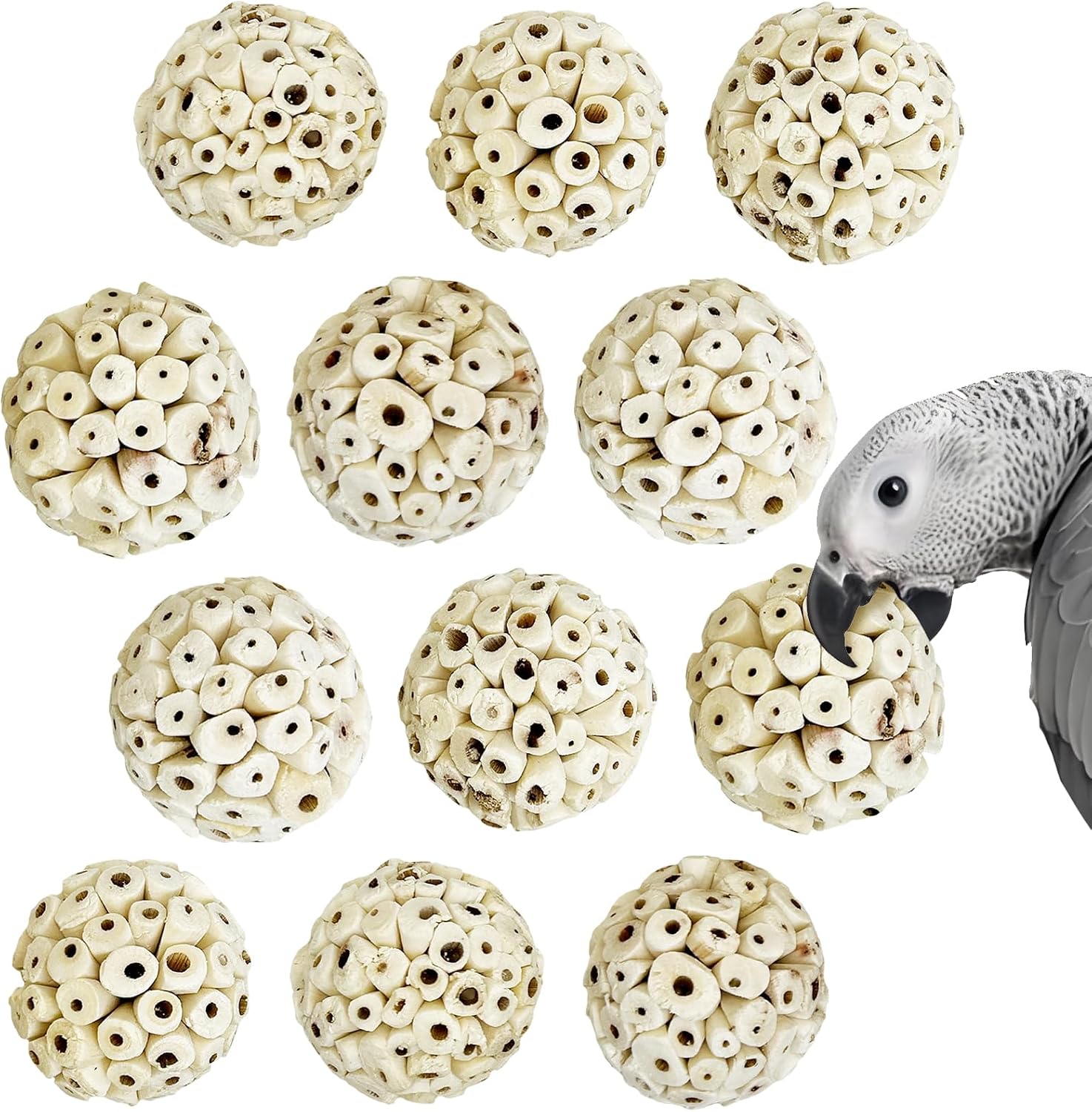 PINVNBY natural sola ball bird toys pack of twelve front view for bird cages.