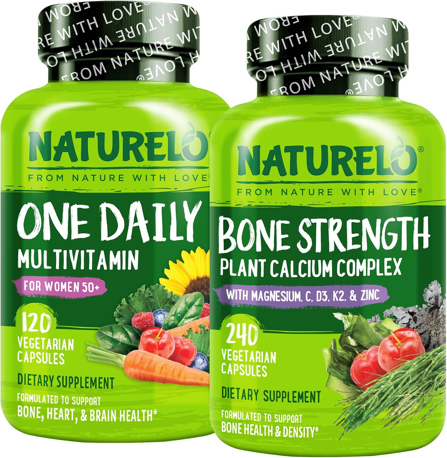 NATURELO Calcium Supplement and Multivitamin Bundle front view bottle packaging