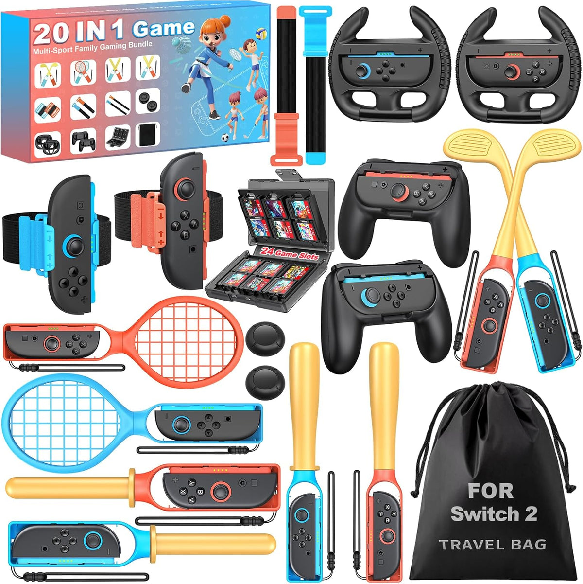 Larstylee NinABXY Nintendo Switch sports accessories bundle front view showing tennis rackets and golf clubs.