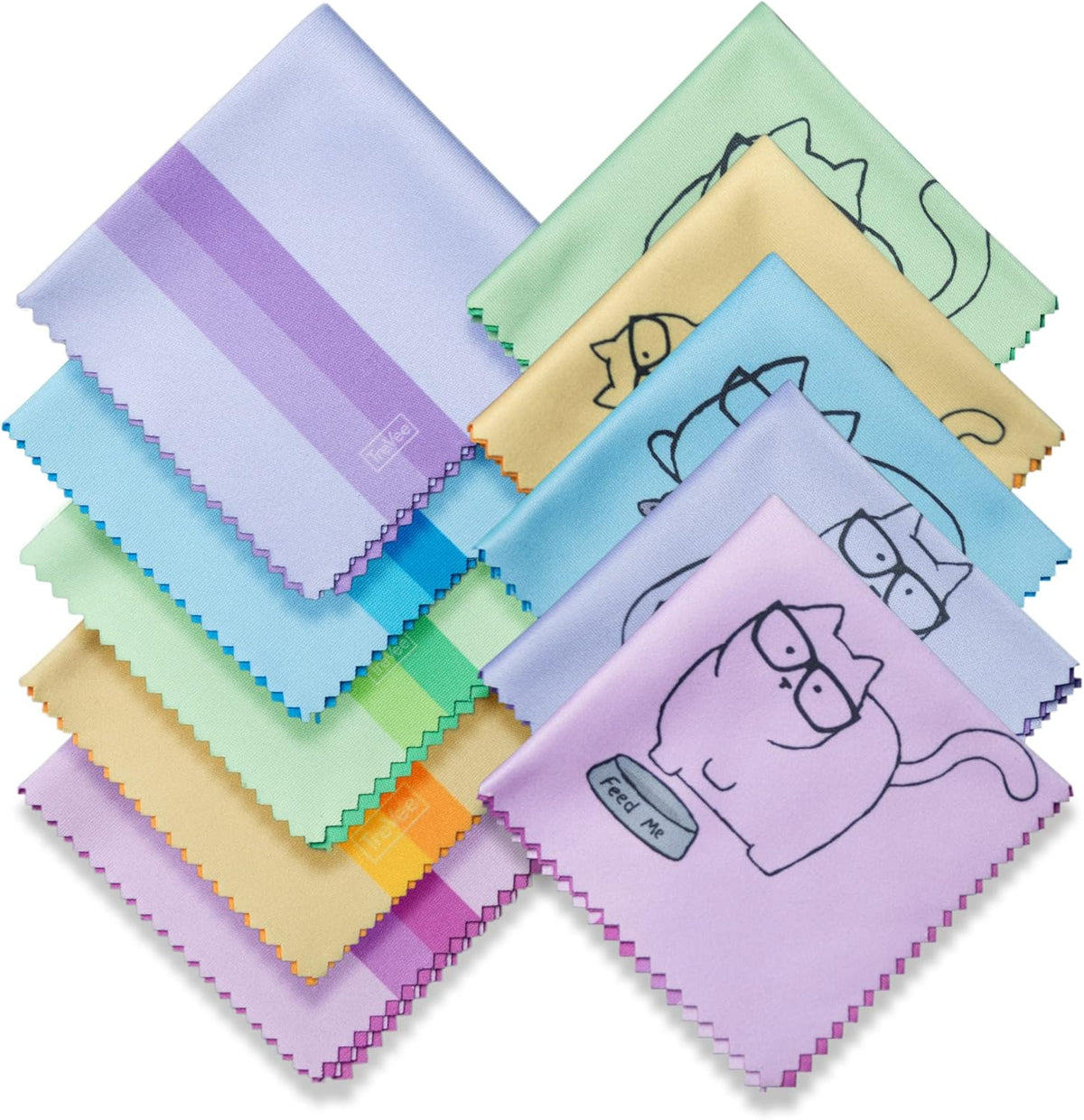TreVee kitty cat microfiber cleaning cloths 10 pack front view showcasing adorable colorful patterns.