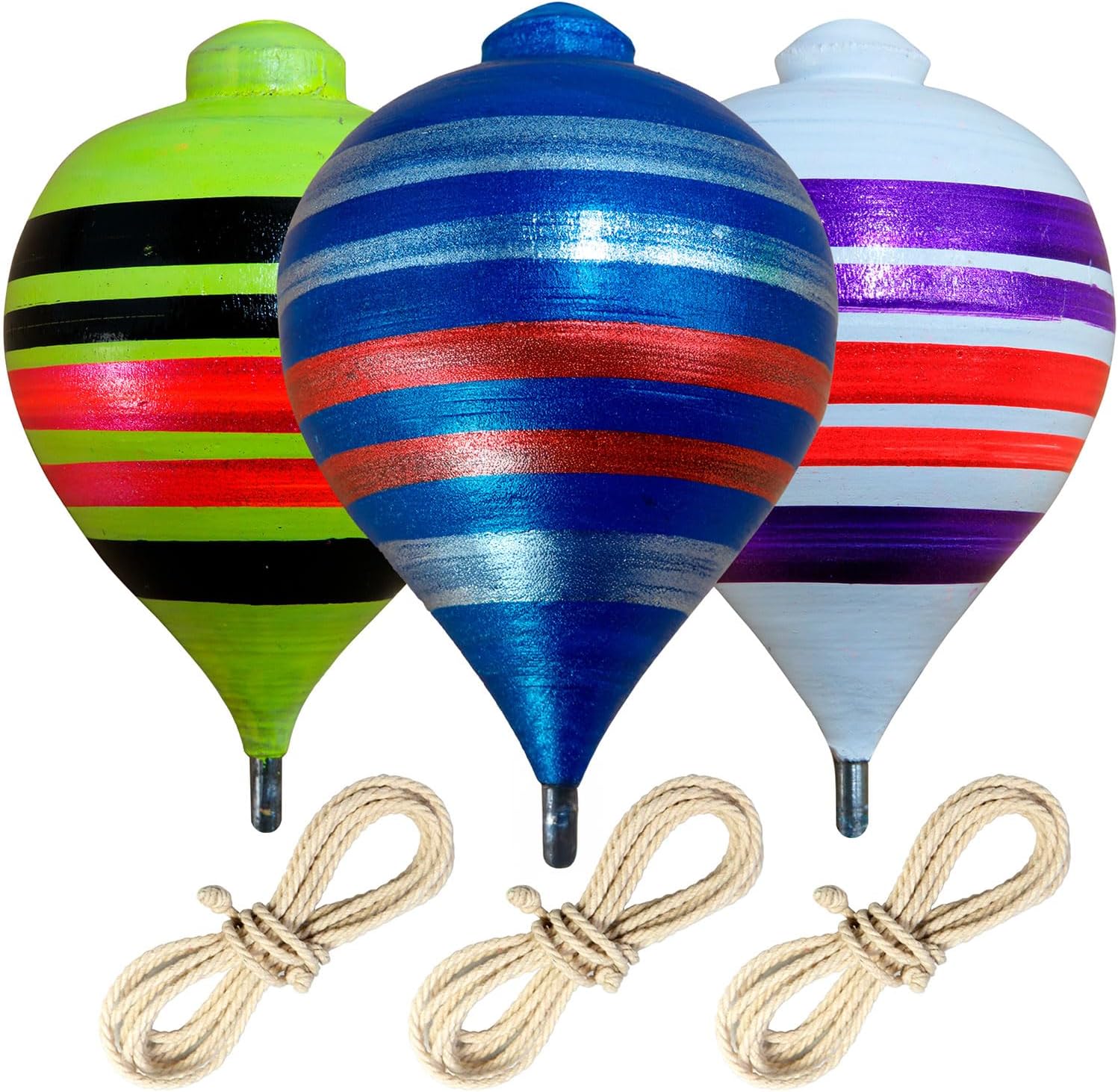 Sportida traditional wooden spinning tops set of 3 front view