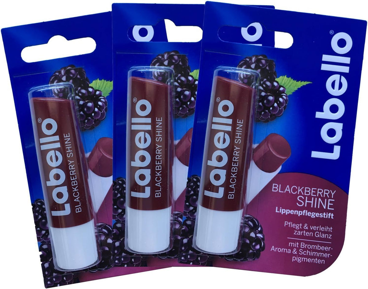 Labello Blackberry Shine Lip Balm 3 Pack front view moisturizing lip care