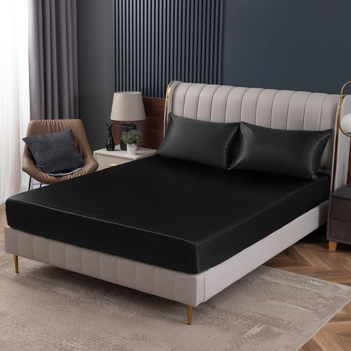 Homiest black satin fitted sheet twin size front view luxury bedding