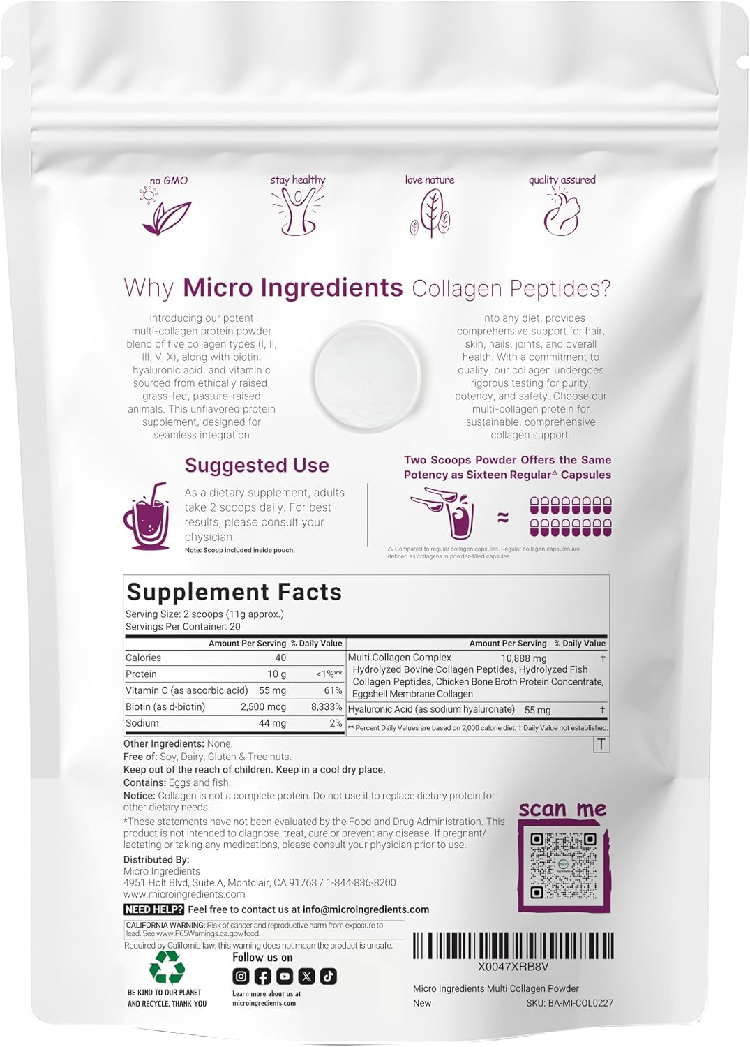 Micro Ingredients multi collagen peptides supplement nutrition facts label