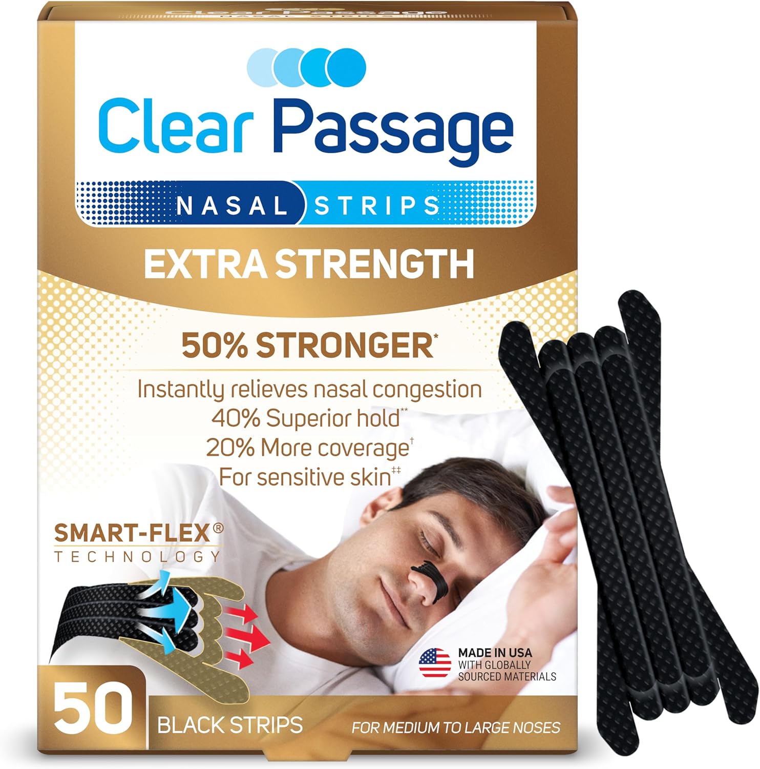 Clear Passage Extra Strength Nasal Strips 50 Ct, Nasal Dilators for Men & Women, Anti Snoring, Instant Congestion Relief for Cold & Allergy, Improves Sleep, Better Performance, for Day & Night, Black - Image 1
