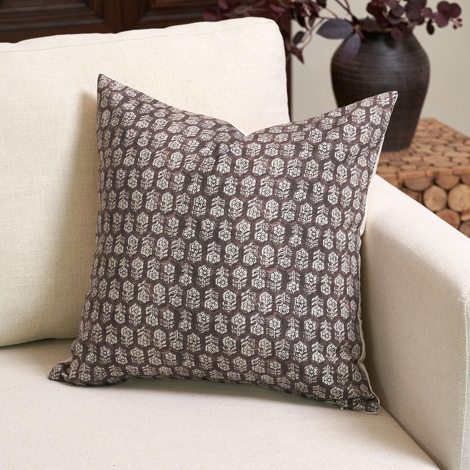 Amor Virisso floral pillow cover front view dark brown