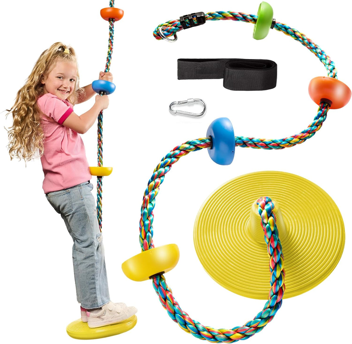 Jungle Gym Kingdom yellow disc tree swing front view outdoor playground accessory