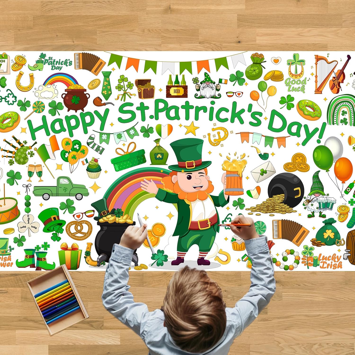 Tbsone Saint Patricks Day coloring tablecloth front view featuring large festive paper poster craft illustrations