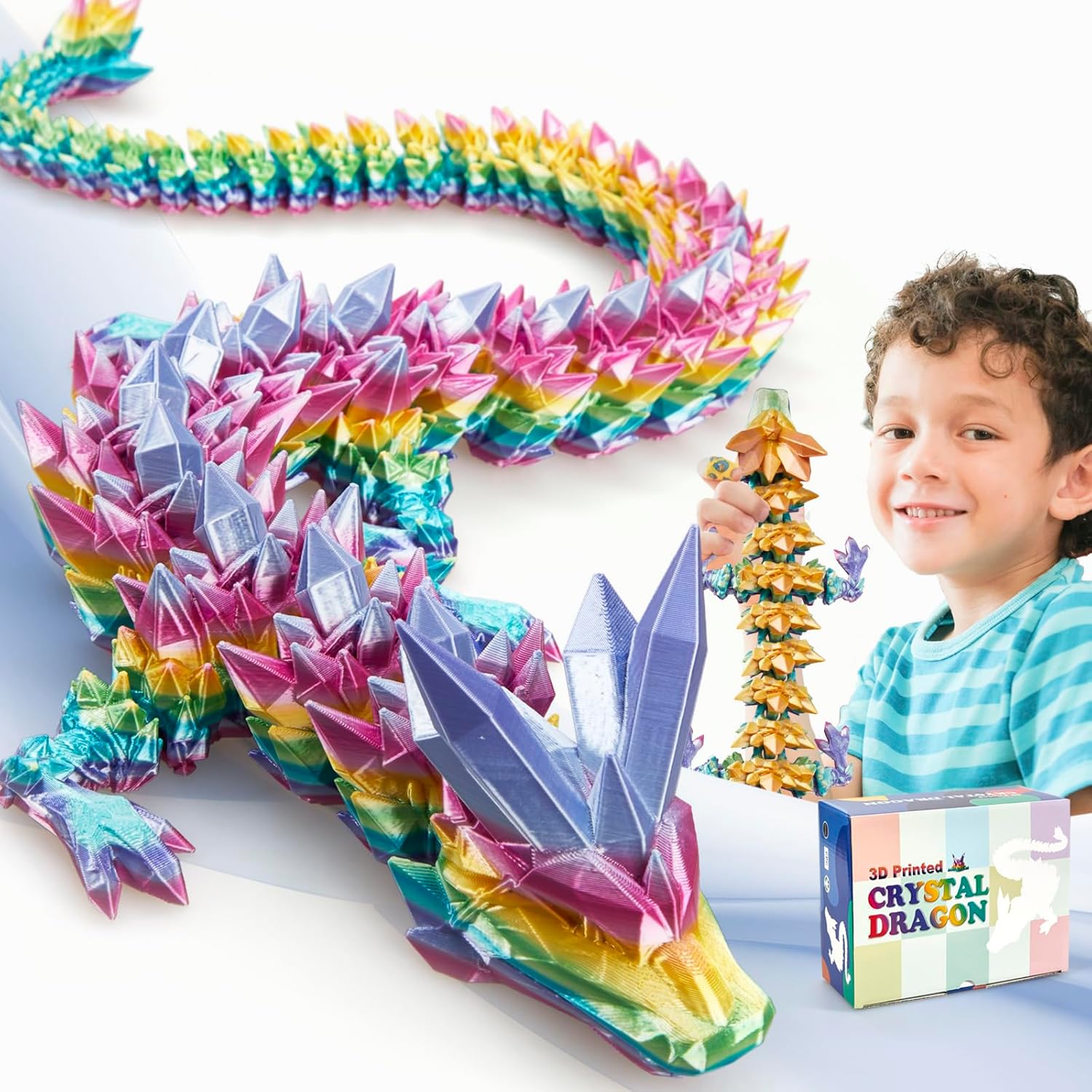 Meturebear large 24 inch 3D printed articulated crystal dragon in rainbow colors front view.