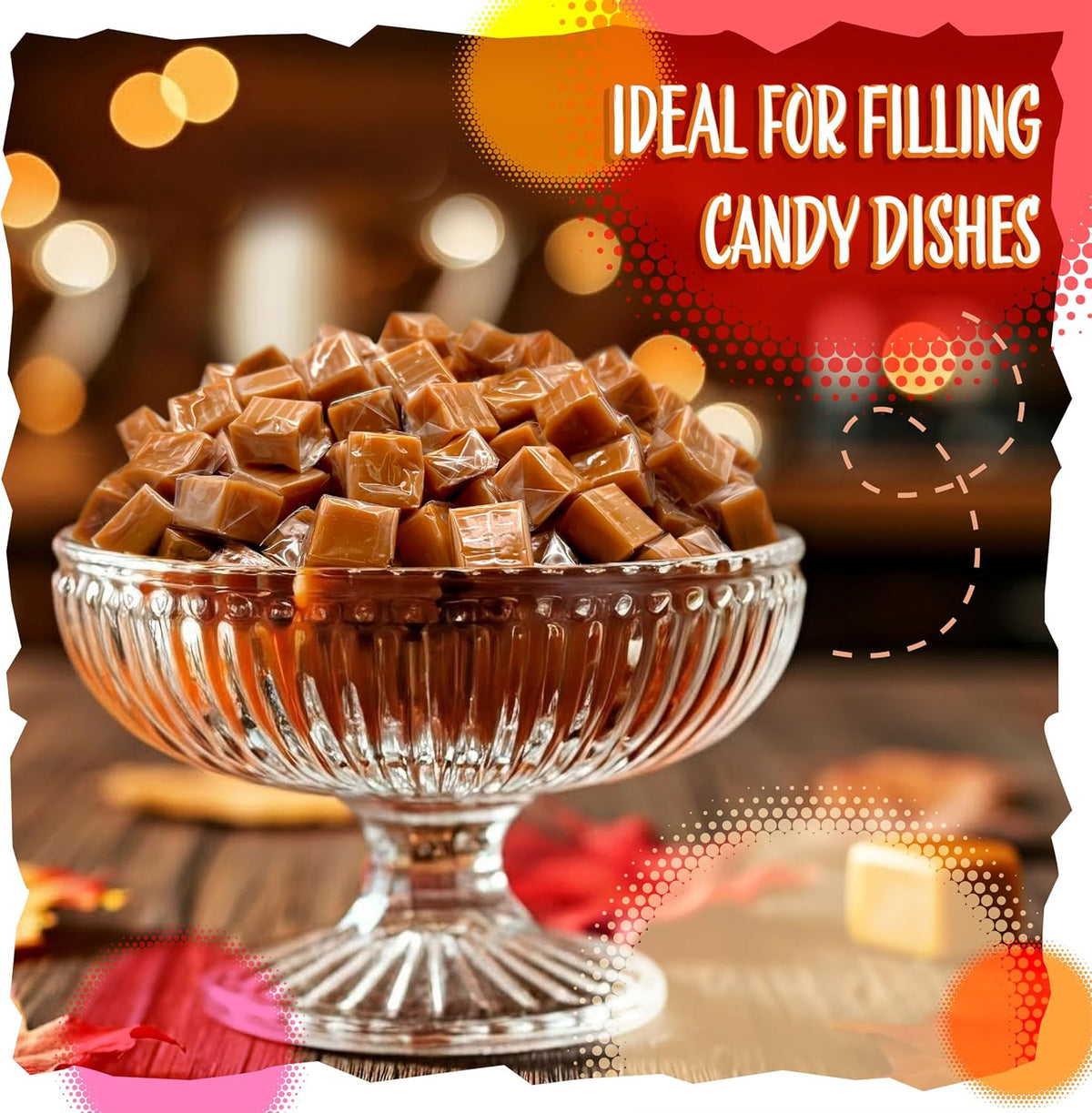 A pile of clear plastic wrapped old fashioned caramel cubes displayed on a neutral background.