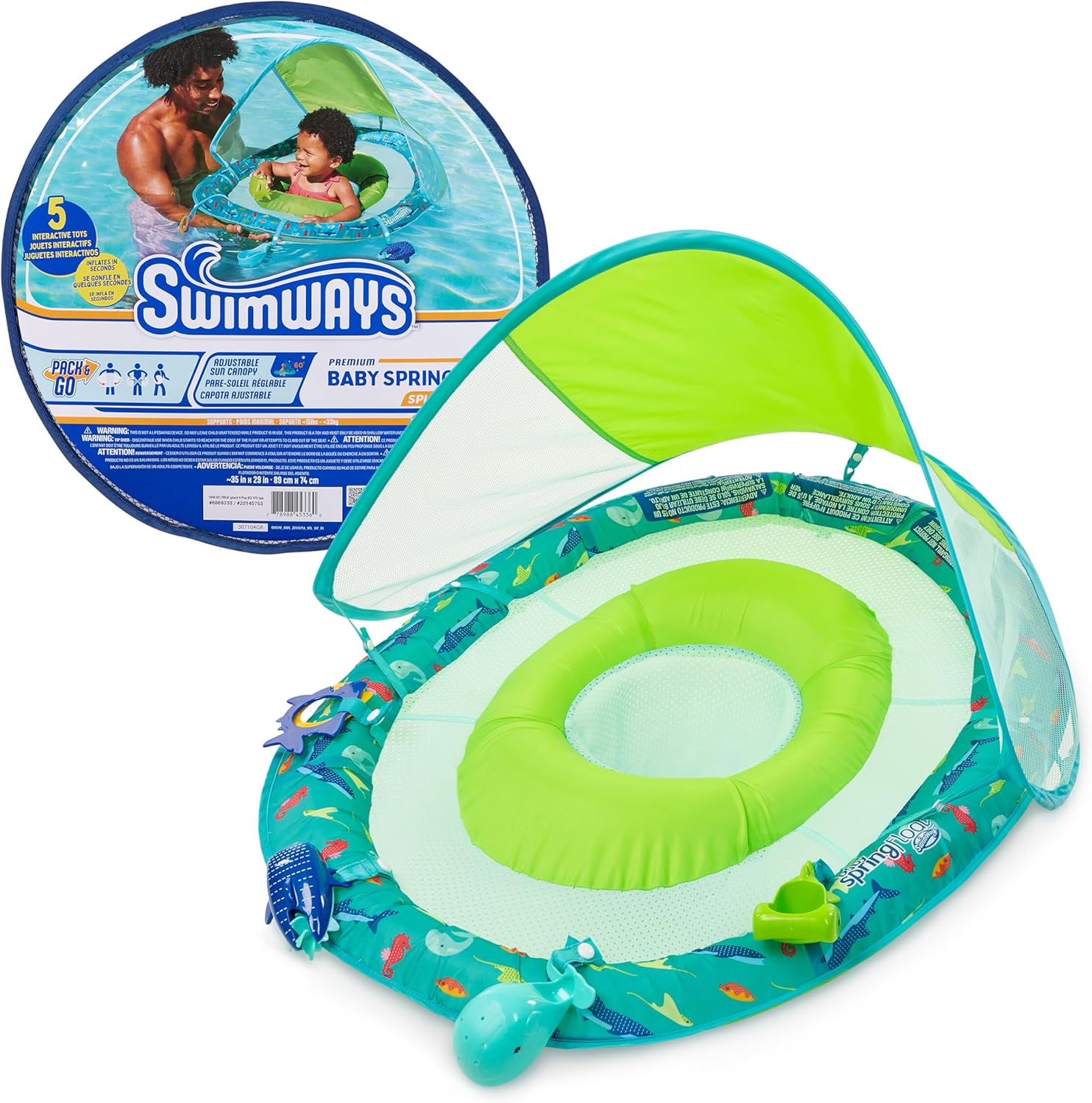 SwimWays Baby Spring Float Splash N Play with canopy front view