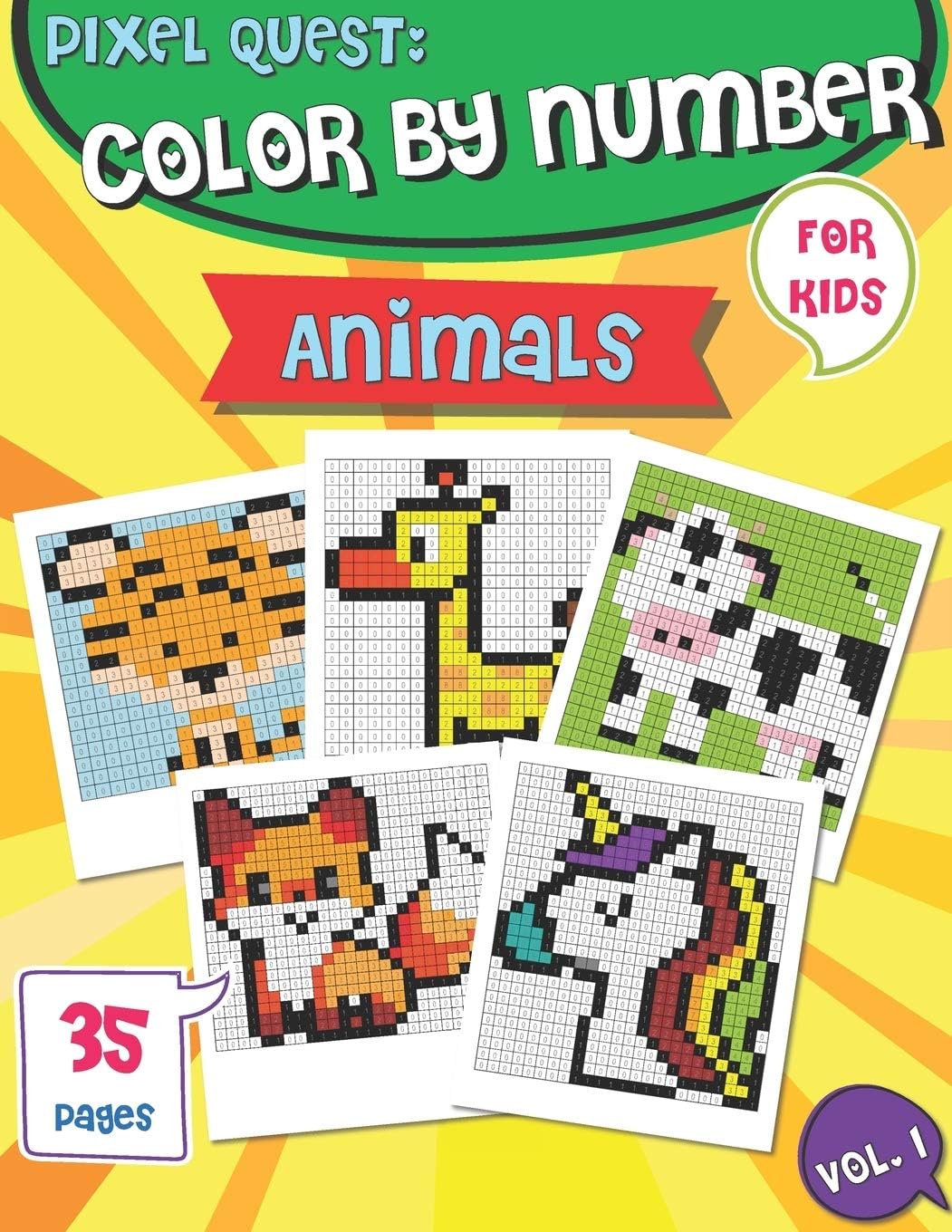 PIXEL QUEST COLOR BY NUMBER: Pixel Art Animals Coloring book (Vol. 1), Activity Books for Kids, Colorful Play - Image 1