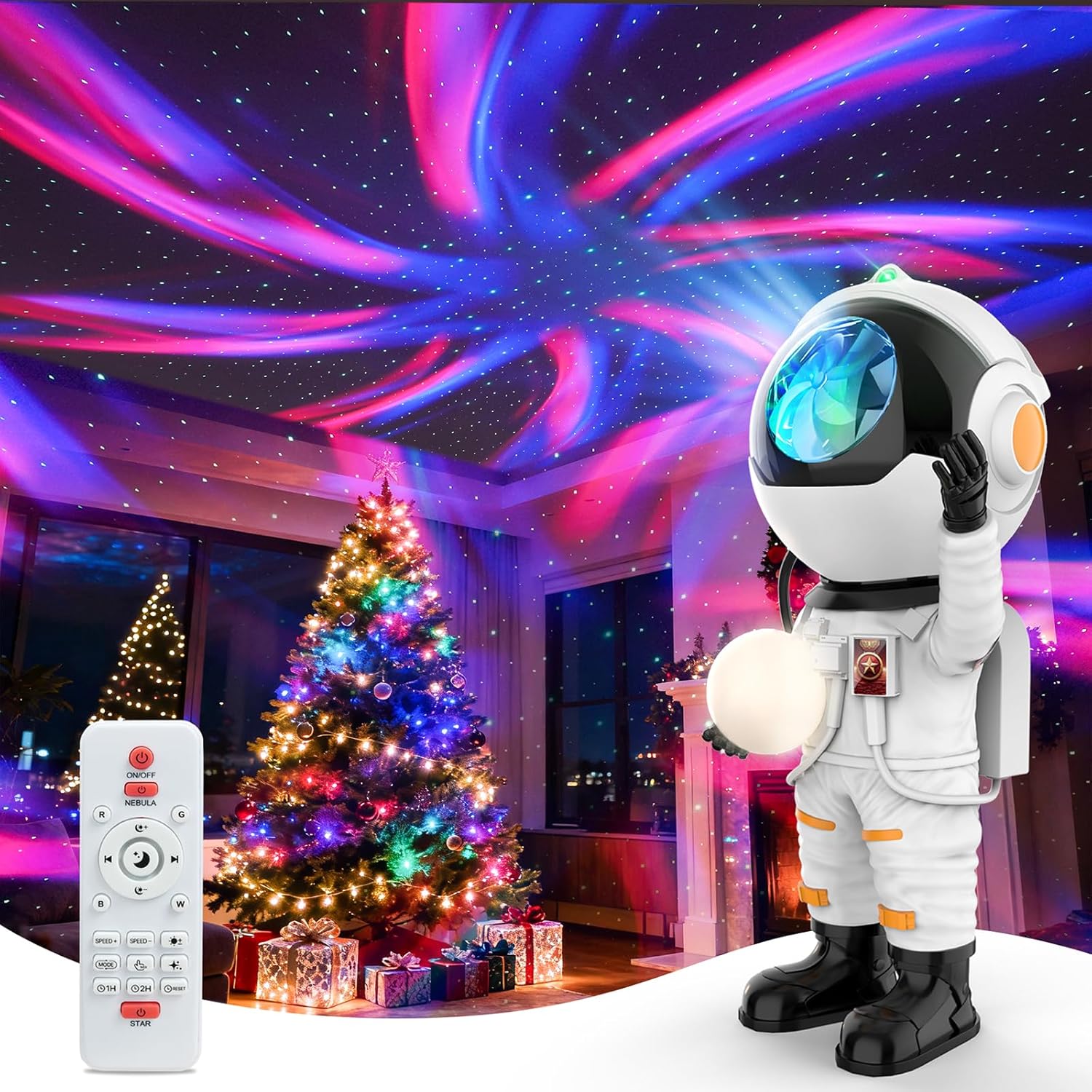 Rossetta Astronaut Galaxy Projector front view with nebula projection