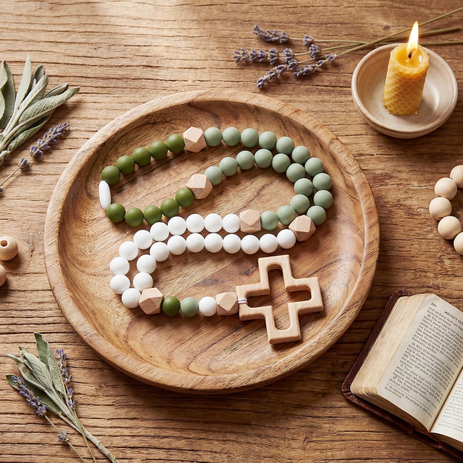 MTLEE baby silicone rosary front view showing green and white beads with a wooden cross.