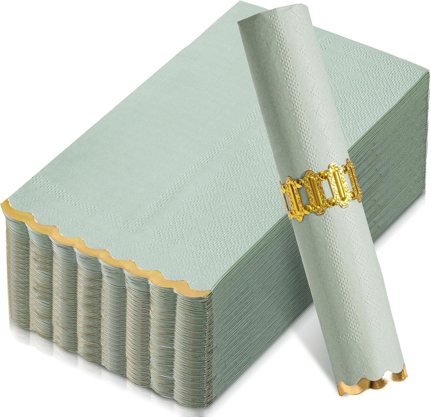 Hunanyume sage green and gold foil scalloped edge napkins front view