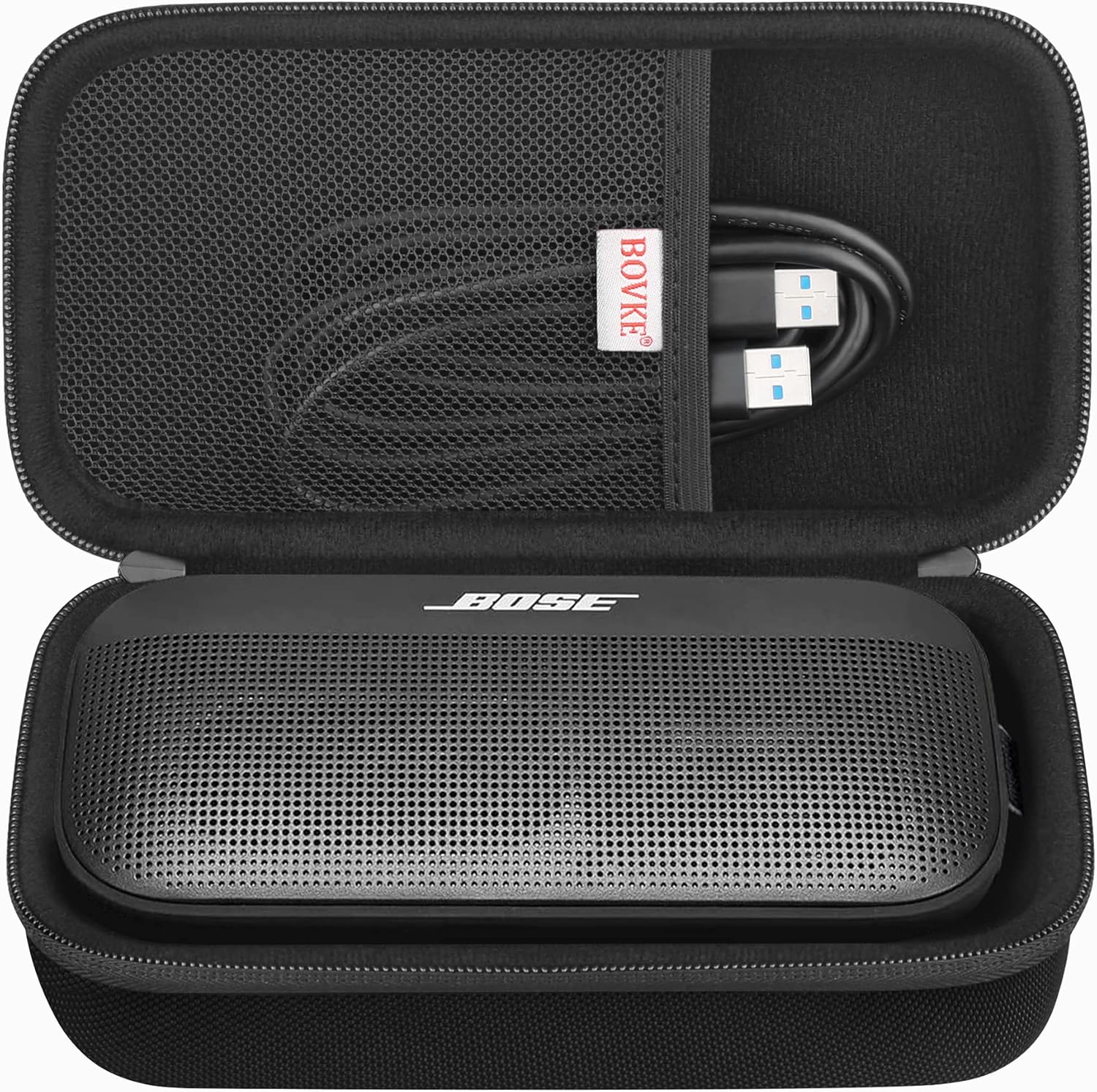 BOVKE hard travel speaker case front view showing black textured shell.