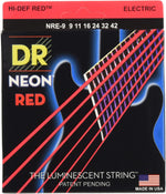 Side angle view of DR Strings NGE-9 guitar strings retail packaging