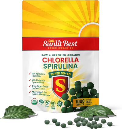 Sunlit Super 50/50 Organic Chlorella Spirulina Tablets - Super Greens Supplement for Immune Support, Gut Health, Mood & Energy - Rich in Chlorophyll, Amino Acids & Vegan Protein, 1000 Superfood Tabs - Image 1