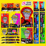 Brain Blasterz extreme sour assortment spread out illustrating fifteen individual wrapped pieces.