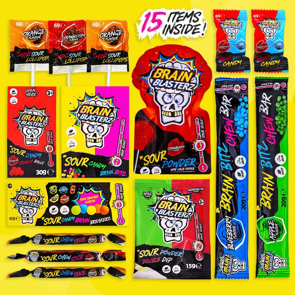 Brain Blasterz extreme sour assortment spread out illustrating fifteen individual wrapped pieces.