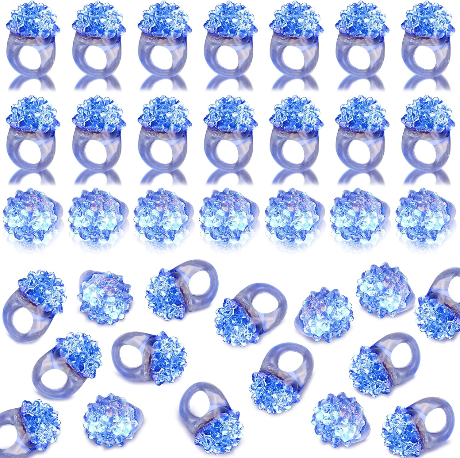 LACGO 60 Pieces Blue LED Flashing Bumpy Rings front view showcasing the textured jelly rubber finger toys