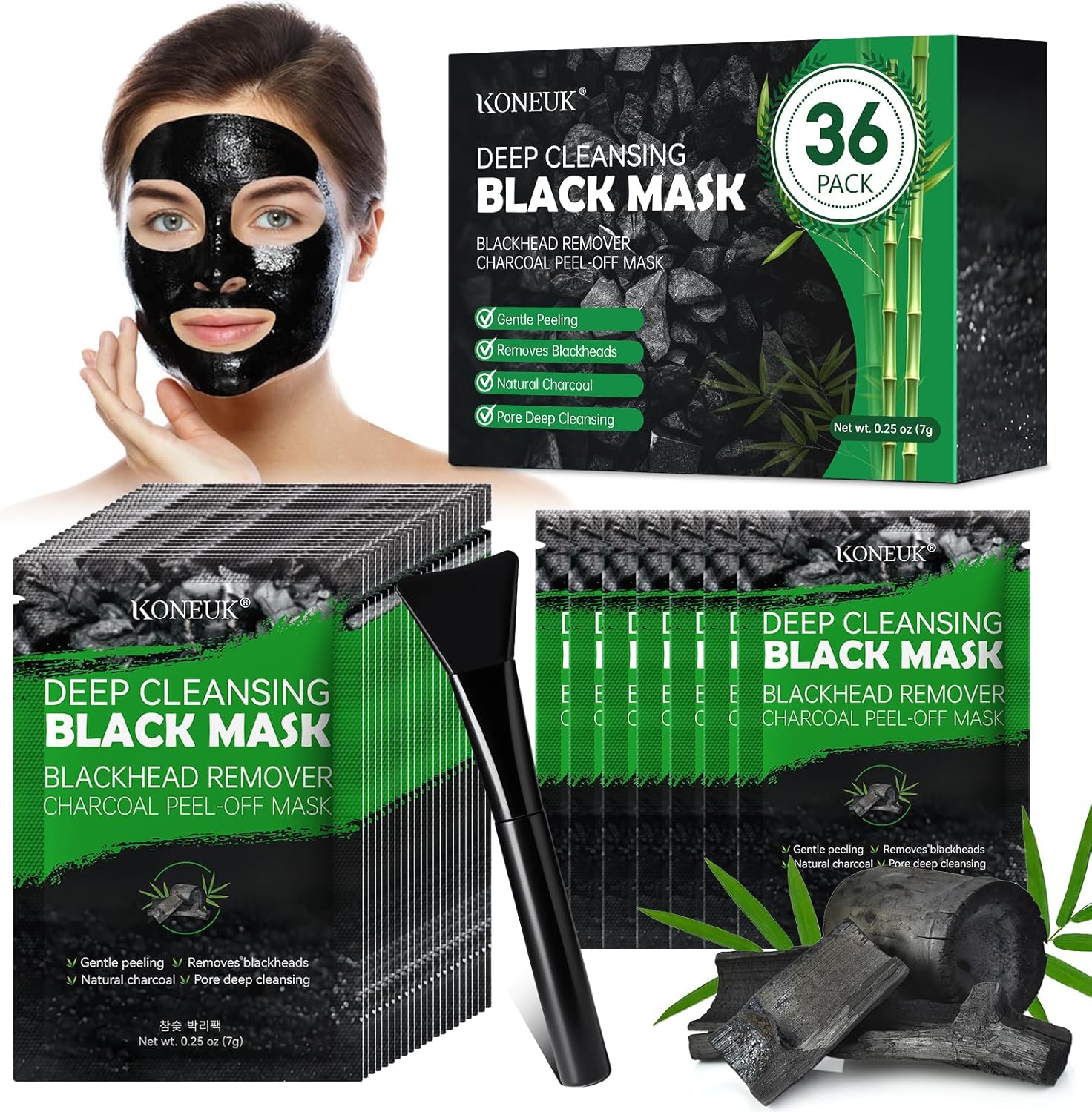 KONEUK 36 Pack Charcoal Blackhead Remover Mask individual sachets and application brush