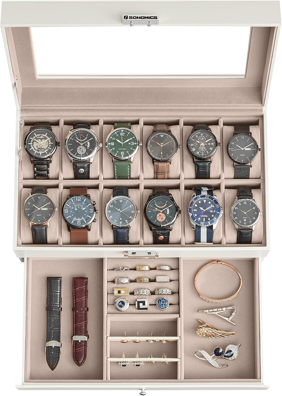 SONGMICS Watch Box, 8-Slot Watch Case Organizer with Large Glass Lid, 2 Layers, Removable Pillows, Metal Lock, Gift for Loved Ones, Black Synthetic Leather, Greenish Gray Lining UJWB080G01 - Image 12