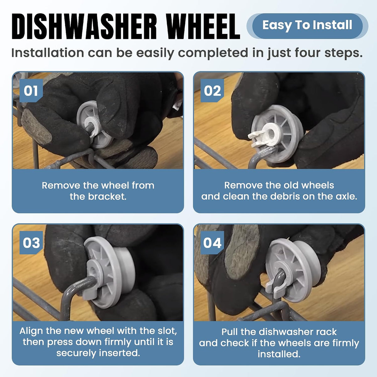 Four pack dishwasher lower rack wheel replacement components