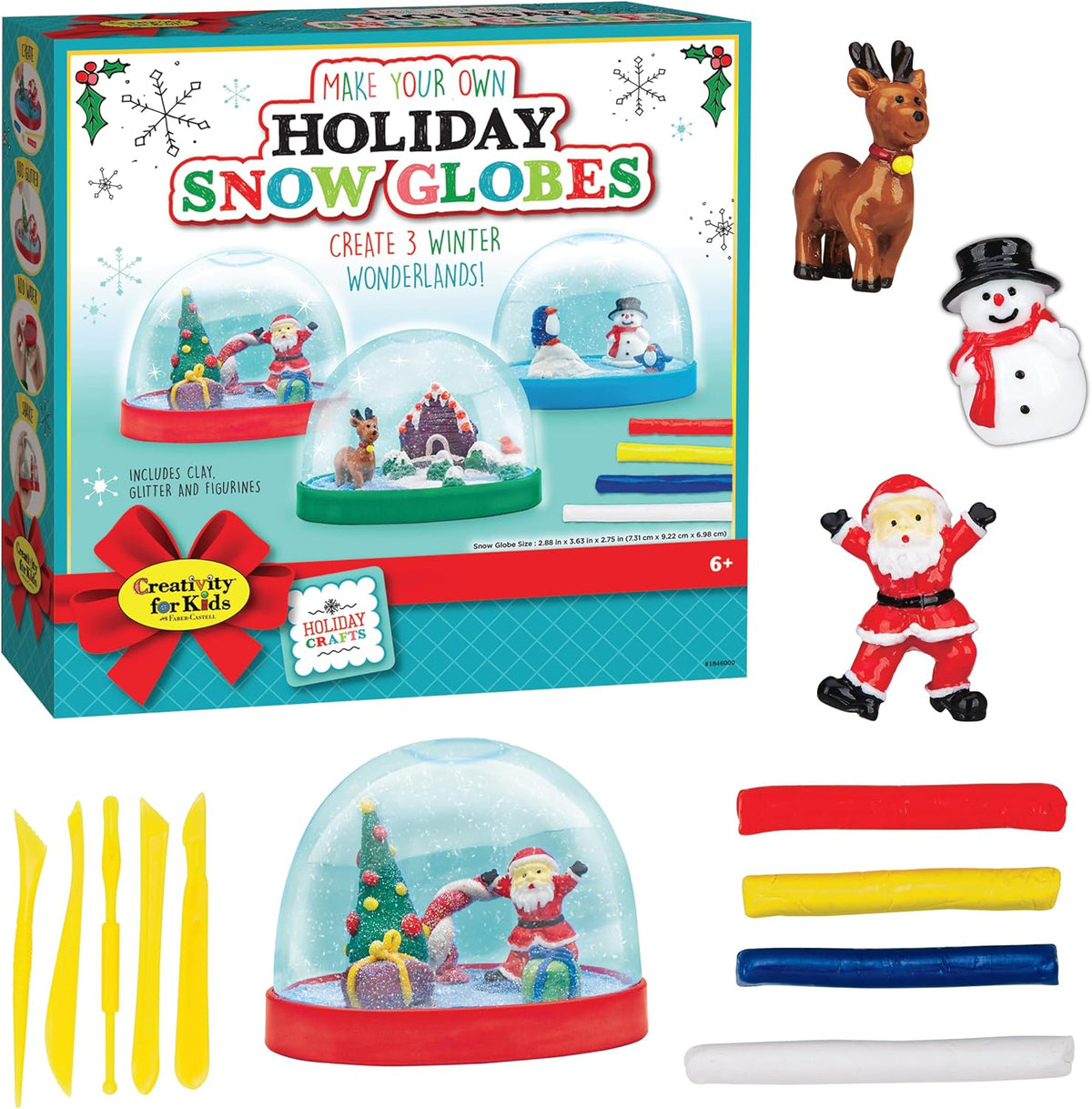 Creativity for Kids holiday snow globes kit front view showing box packaging and components.
