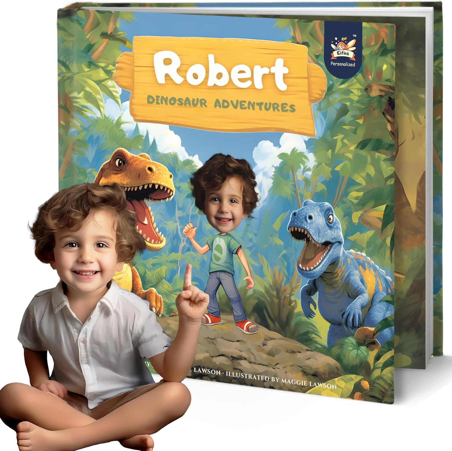 ELFINK personalized children story book dinosaur adventure front cover featuring cartoon dinosaurs