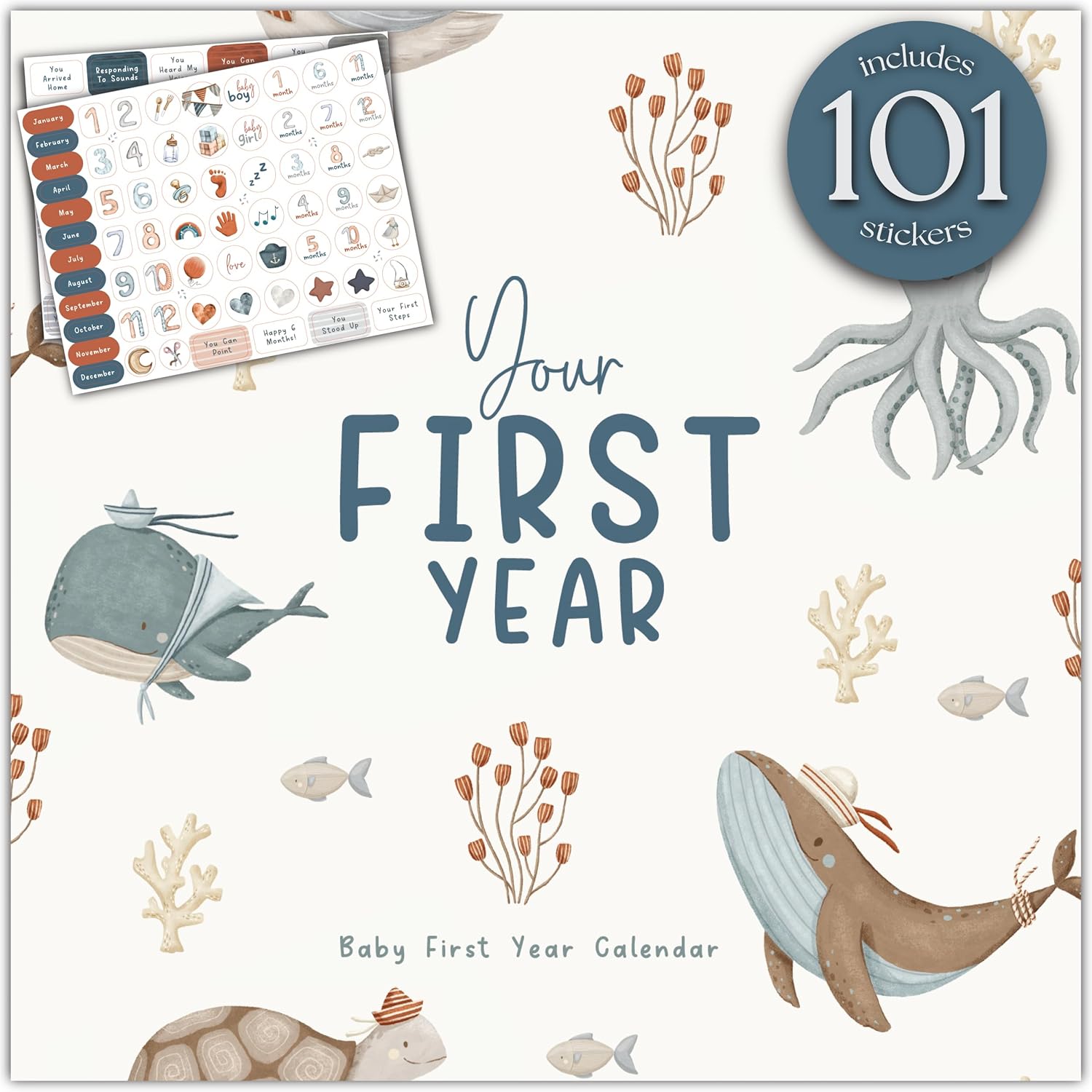 Bibi & Beau baby first year memory calendar front view featuring watercolor blue whale illustration.