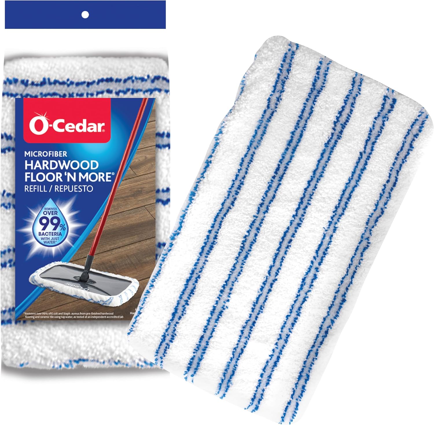 O-Cedar Hardwood Floor N More Microfiber Mop Refill front view showing blue and white striped pad