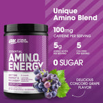 ON Amino Energy powder Concord Grape flavor packaging highlighting green tea and coffee extract ingredients