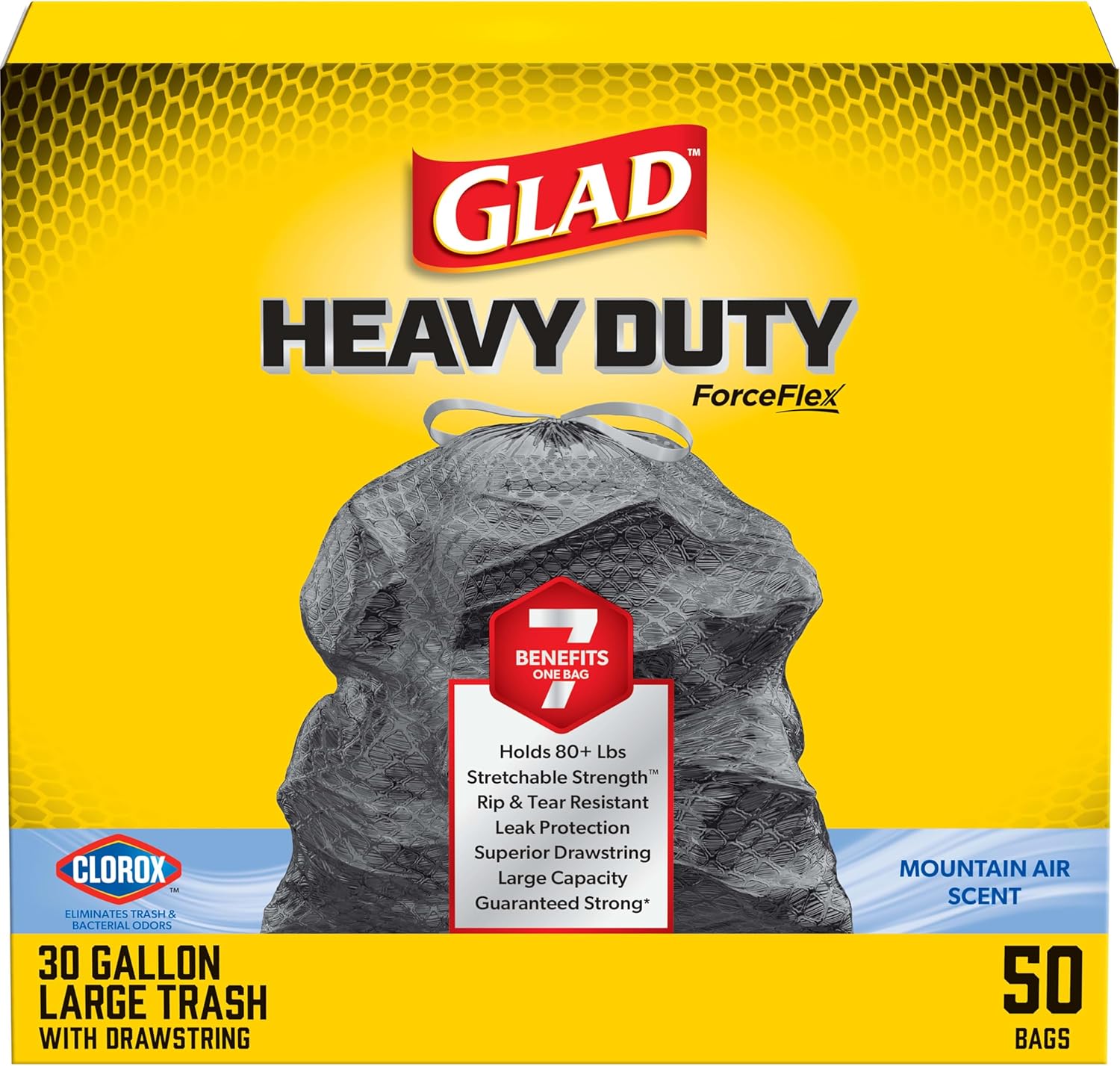 Glad ForceFlex heavy duty 30 gallon trash bags front view box packaging
