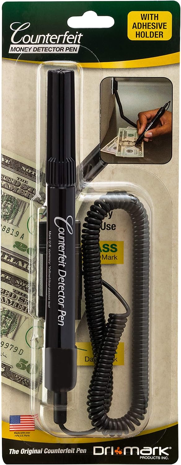 Dri Mark counterfeit bill detector pen front view with coil and clip